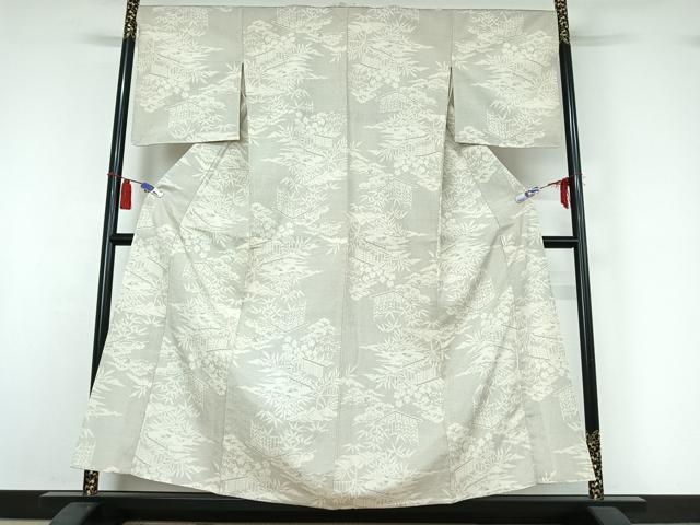 平和屋着物▽本塩沢 単衣 110亀甲 風景松竹梅文 正絹 逸品 AABI5008jh