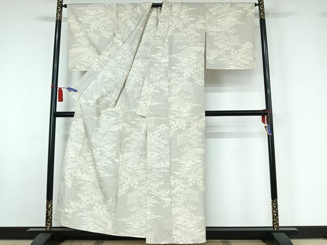 平和屋着物▽本塩沢 単衣 110亀甲 風景松竹梅文 正絹 逸品 AABI5008jh