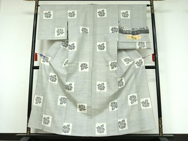 平和屋着物▽紬屋吉平 萬代紬 単衣 草花文 証紙付き 正絹 逸品 AABI5013jh