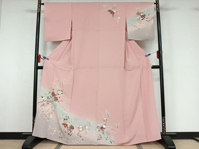 平和屋着物▽訪問着 単衣 草花文 暈し染め 金彩 正絹 逸品 AABI5018jh
