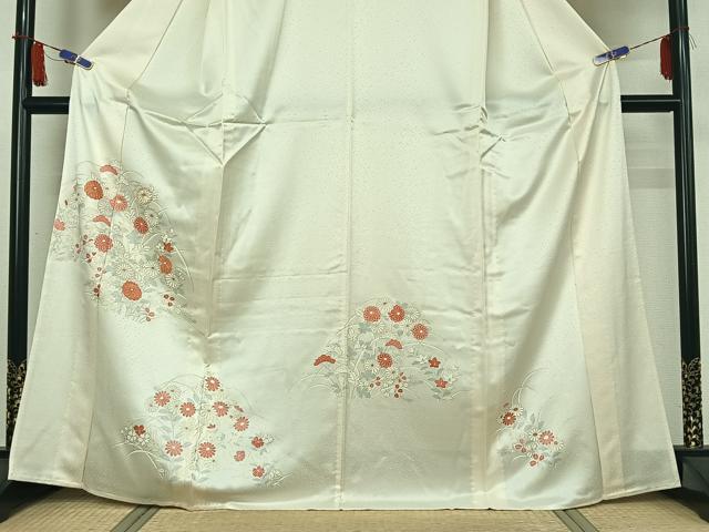 平和屋着物▽訪問着 単衣 駒刺繍 草花文 金彩 正絹 逸品 AABI5031jh
