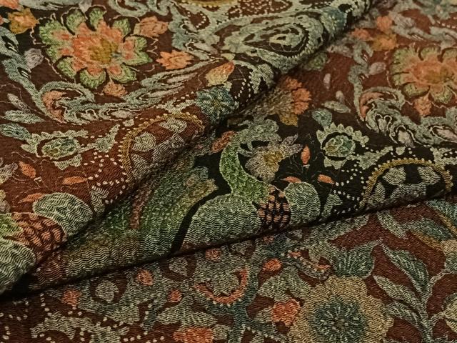 平和屋着物▽上質な小紋 単衣 更紗花鳥文 鬼しぼ縮緬 正絹 逸品 AABI5043jh