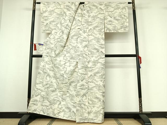 平和屋着物▽上質な紬 単衣 風景文 正絹 逸品 AABI5058jh