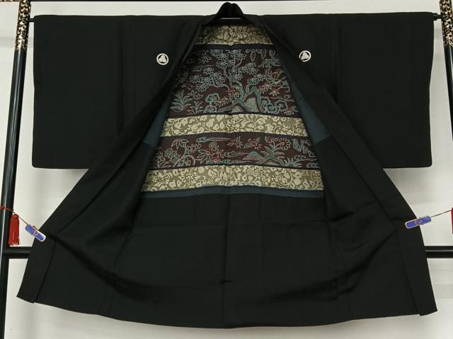 平和屋着物▽男性 黒紋付 単衣 羽織セット 暗黒色 正絹 逸品 AABI5060jh