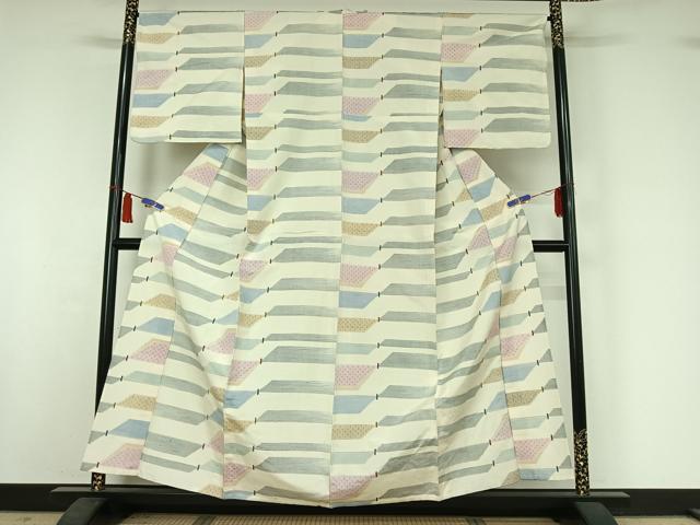 平和屋着物▽上質な紬 単衣 横段文 正絹 逸品 AABI5074jh