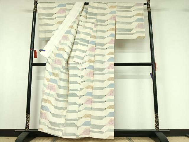 平和屋着物▽上質な紬 単衣 横段文 正絹 逸品 AABI5074jh