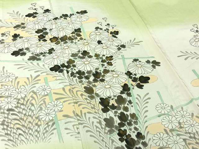 平和屋着物▽訪問着 単衣 手描き 草花文 暈し染め 金彩 正絹 逸品 AABI5076jh