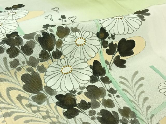 平和屋着物▽訪問着 単衣 手描き 草花文 暈し染め 金彩 正絹 逸品 AABI5076jh