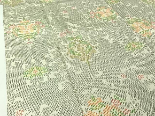 平和屋着物▽上質な紬 単衣 草花文 正絹 逸品 AABI5077jh