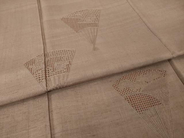 平和屋着物●結城紬 訪問着 総刺繍 中国三大刺繍 スワトウ刺繍 汕頭刺繍 扇面花文 正絹 逸品 AABI5100ck