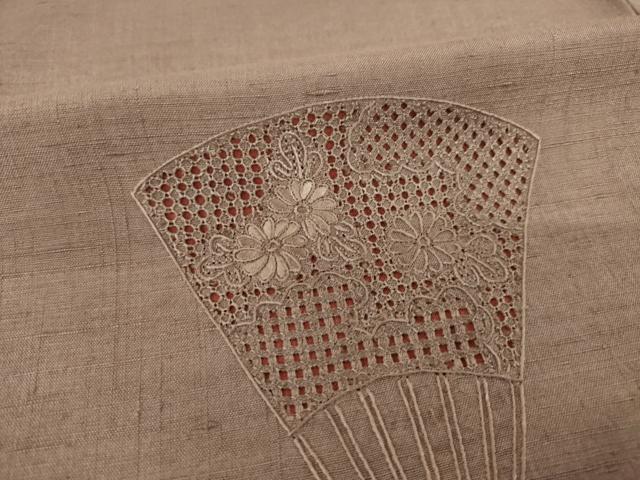平和屋着物●結城紬 訪問着 総刺繍 中国三大刺繍 スワトウ刺繍 汕頭刺繍 扇面花文 正絹 逸品 AABI5100ck