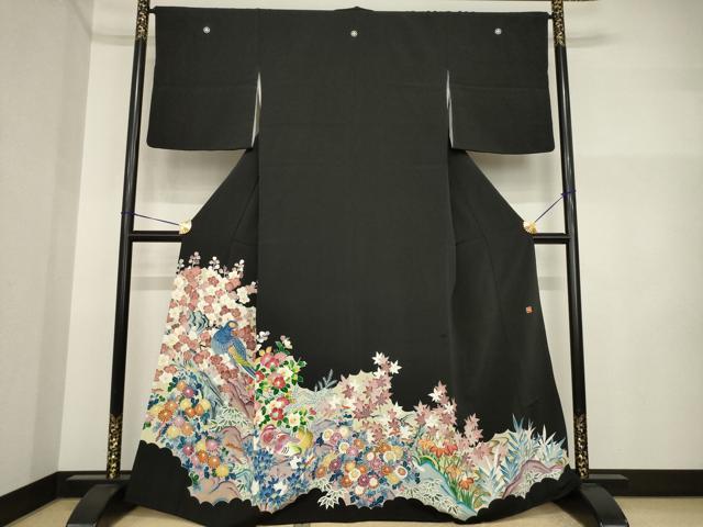 平和屋着物●豪華黒留袖 友禅 作家物 花鳥文 正絹 逸品 AABI5107ck