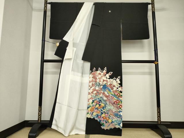 平和屋着物●豪華黒留袖 友禅 作家物 花鳥文 正絹 逸品 AABI5107ck