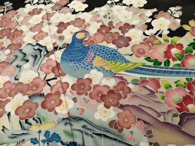 平和屋着物●豪華黒留袖 友禅 作家物 花鳥文 正絹 逸品 AABI5107ck