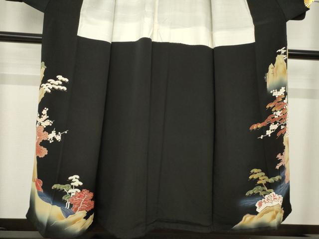 平和屋着物●アンティーク 大正ロマン 黒留袖 刺繍 風景文 金彩 正絹 逸品 AABI5122ck