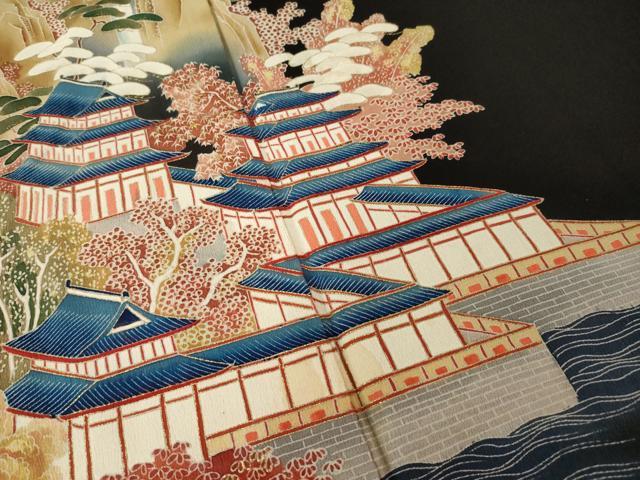 平和屋着物●アンティーク 大正ロマン 黒留袖 刺繍 風景文 金彩 正絹 逸品 AABI5122ck