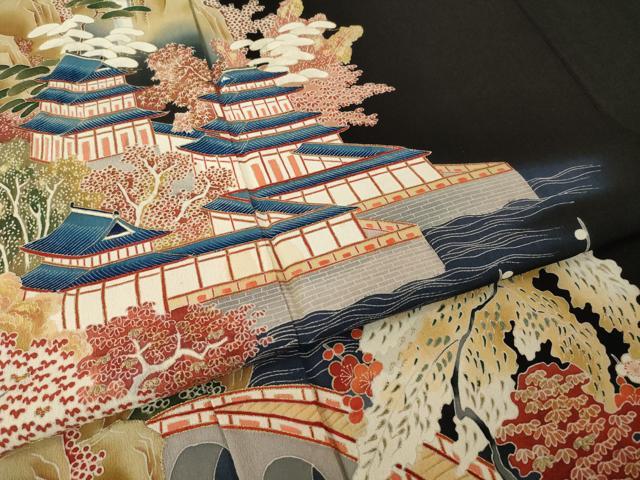平和屋着物●アンティーク 大正ロマン 黒留袖 刺繍 風景文 金彩 正絹 逸品 AABI5122ck