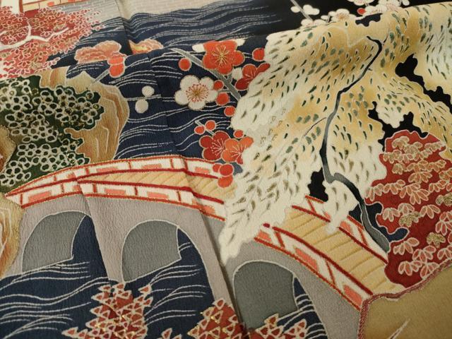 平和屋着物●アンティーク 大正ロマン 黒留袖 刺繍 風景文 金彩 正絹 逸品 AABI5122ck
