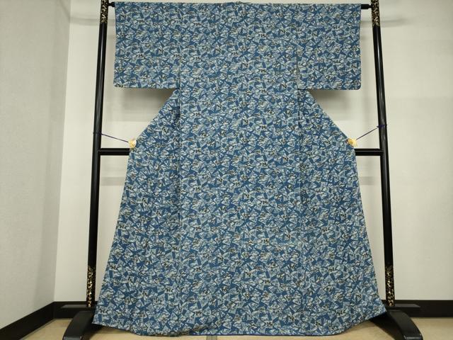 平和屋着物●上質な小紋 藍 型染め 扇面花文 正絹 逸品 AABI5126ck
