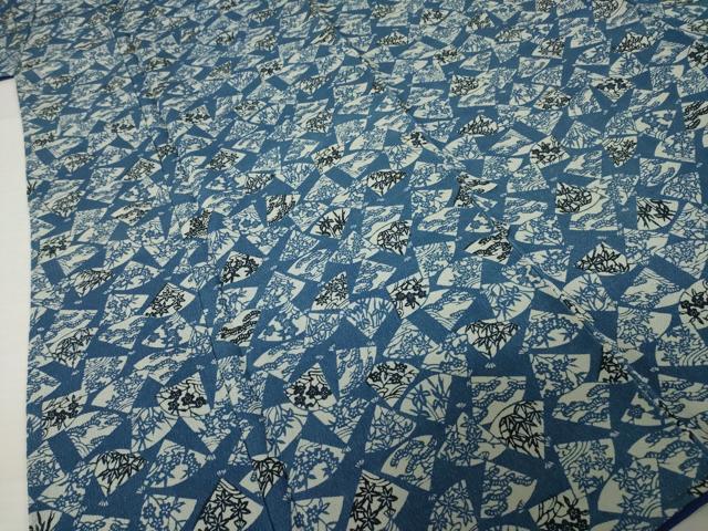 平和屋着物●上質な小紋 藍 型染め 扇面花文 正絹 逸品 AABI5126ck