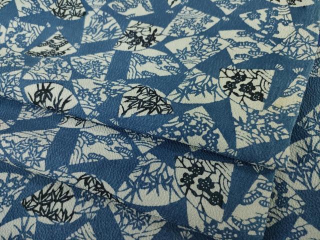 平和屋着物●上質な小紋 藍 型染め 扇面花文 正絹 逸品 AABI5126ck