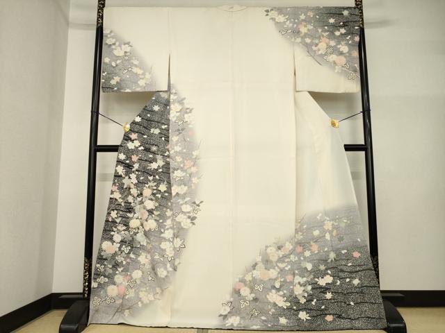 平和屋着物●訪問着 刺繍 枝花文 暈し染め 金彩 銀糸 ロング丈 正絹 逸品 AABI5143ck