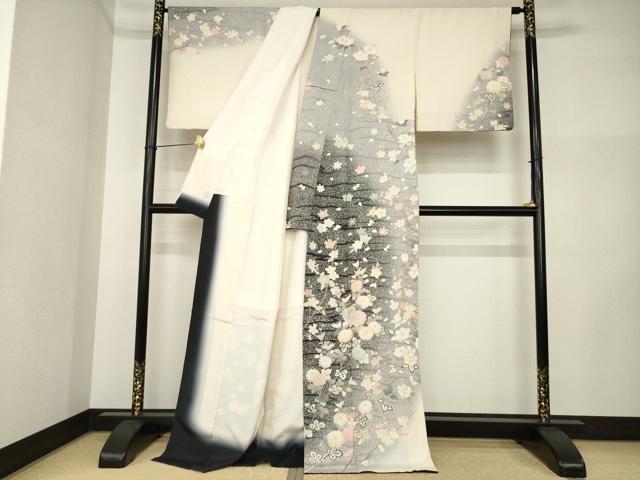 平和屋着物●訪問着 刺繍 枝花文 暈し染め 金彩 銀糸 ロング丈 正絹 逸品 AABI5143ck