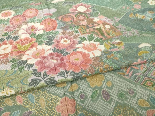 平和屋着物●訪問着 地紙鴛鴦御所車花文 金彩 正絹 逸品 AABI5150ck