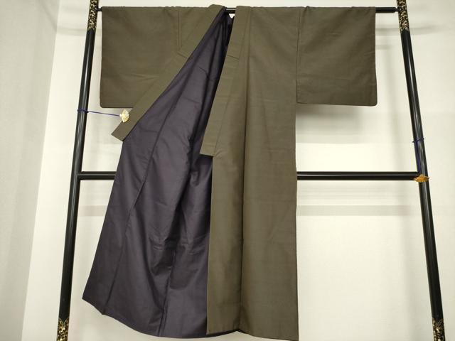 平和屋着物●男性 紬 色無地 海松色 正絹 逸品 AABI5159ck