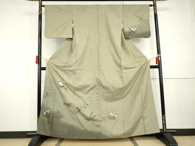 平和屋着物●訪問着 紬地 手描き 枝花文 金彩 正絹 逸品 AABI5161cs