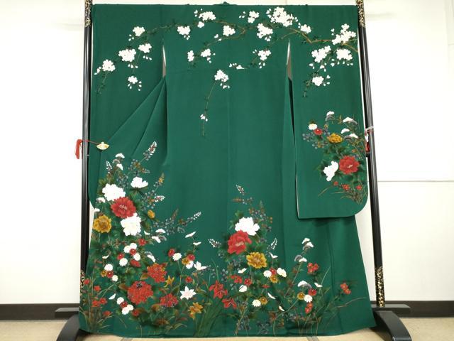 平和屋着物●豪華振袖 手描き 枝花文 金彩 鬼しぼ縮緬 正絹 逸品 AABI5183cs
