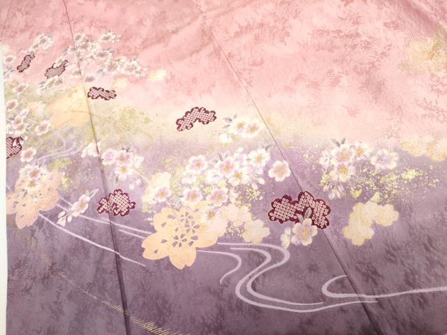 平和屋着物●豪華振袖 流水に舞桜文 暈し染め 金彩 正絹 逸品 AABI5200cs