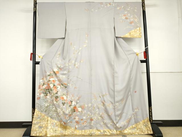 平和屋着物●訪問着 友禅 駒刺繍 伝統工芸 枝花文 金彩 正絹 逸品 AABI5207cs