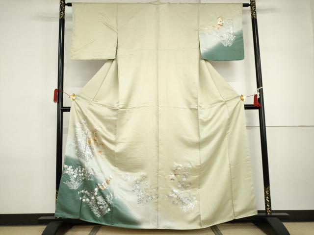平和屋着物●訪問着 駒刺繍 几帳枝花文 暈し染め 金銀彩 正絹 逸品 未使用 AABI5221cs
