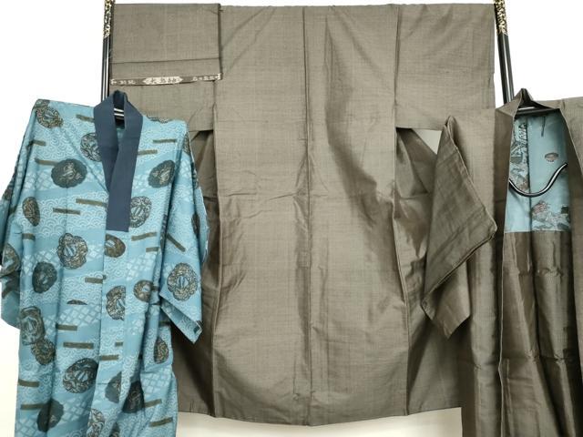 平和屋着物●男性 大島紬 アンサンブル 長襦袢(無双仕立て)セット 亀甲絣 反端付き 正絹 逸品 AABI5237cs