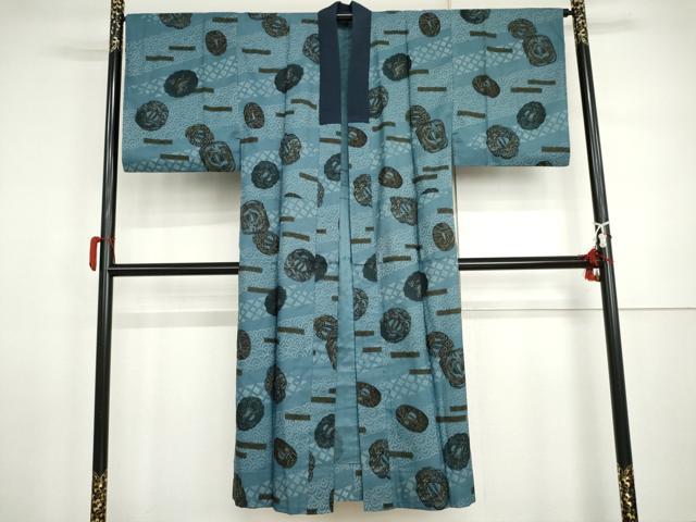 平和屋着物●男性 大島紬 アンサンブル 長襦袢(無双仕立て)セット 亀甲絣 反端付き 正絹 逸品 AABI5237cs