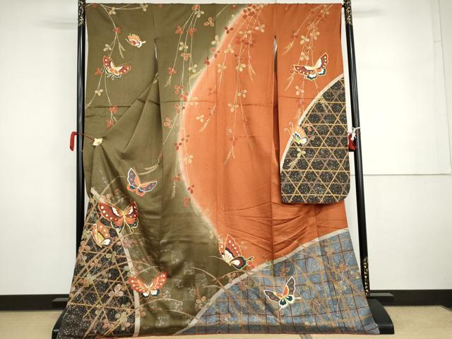 平和屋着物●豪華振袖 駒刺繍 舞蝶萩文 金彩 ロング丈 正絹 逸品 AABI5239cs