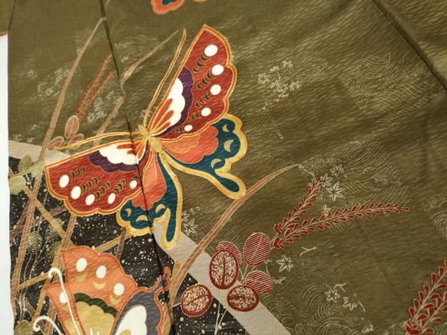 平和屋着物●豪華振袖 駒刺繍 舞蝶萩文 金彩 ロング丈 正絹 逸品 AABI5239cs
