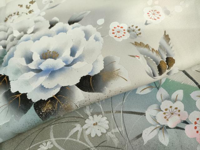 平和屋着物●訪問着 手描き 流水飛鶴枝花文 暈し染め 金彩 正絹 逸品 AABI5241cs