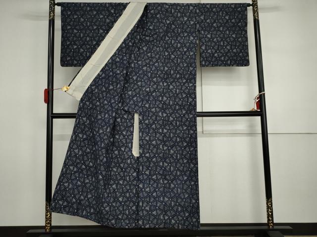 平和屋着物●久留米絣 単衣 幾何学縞文 綿 逸品 AABI5258cs