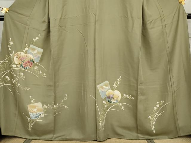 平和屋着物●訪問着 友禅 駒刺繍 色紙飛鶴草花文 金彩 正絹 逸品 未使用 AABI5264cs