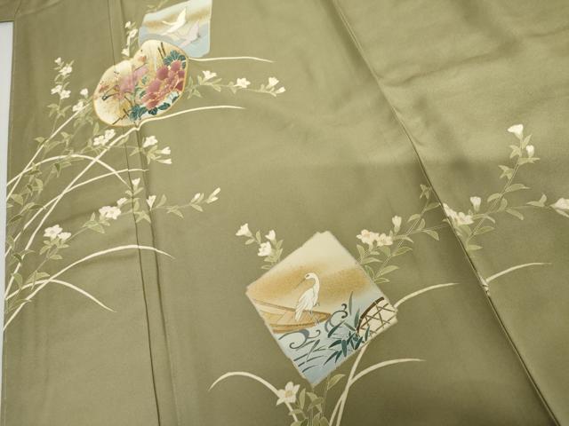 平和屋着物●訪問着 友禅 駒刺繍 色紙飛鶴草花文 金彩 正絹 逸品 未使用 AABI5264cs
