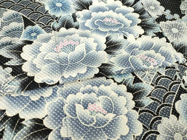 平和屋着物●名門 藤娘きぬたや・総絞り 訪問着 吉祥花文 黒地 正絹 逸品 AABI5290ck