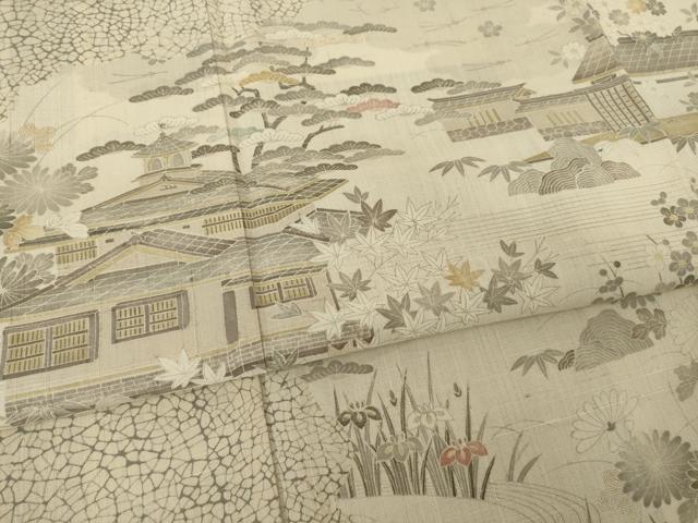 平和屋着物●染織の名門 しょうざん 生紬 訪問着 風景文 一珍染 反端付き 正絹 逸品 AABI5294ck
