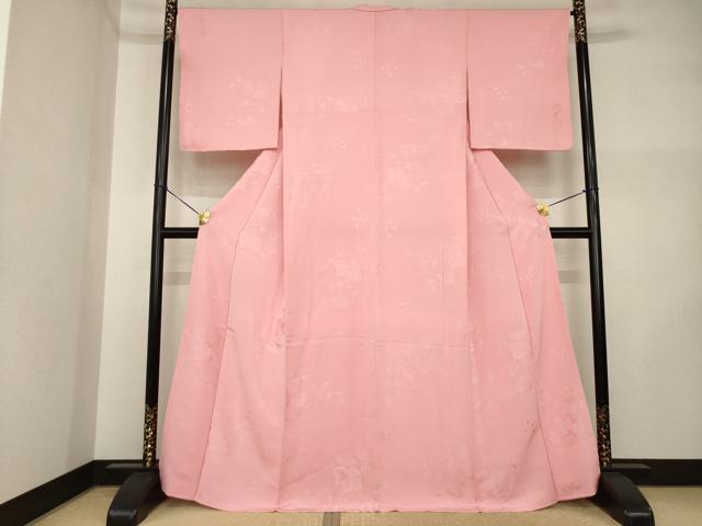 平和屋着物●上質な色無地 草花地紋 退紅色 正絹 逸品 AABI5316ck