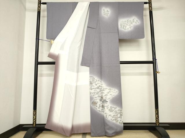 平和屋着物●川勝秀雄 訪問着 風景文 笹 梅 暈し染め 正絹 逸品 AABI5328ck
