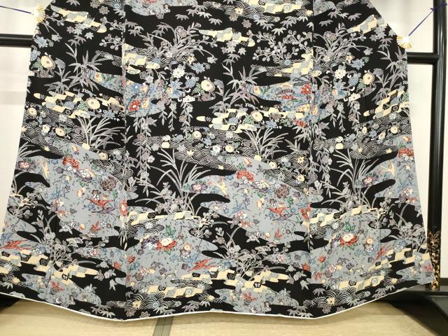 平和屋着物●上質な小紋 紅型 流水花鳥文 黒地 正絹 逸品 AABI5332ck