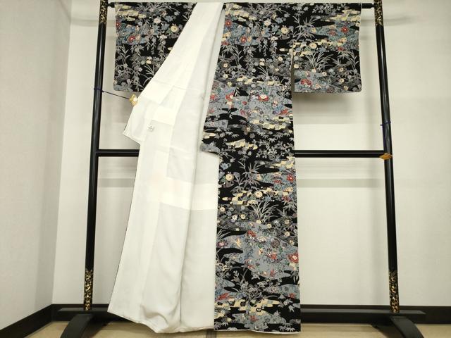平和屋着物●上質な小紋 紅型 流水花鳥文 黒地 正絹 逸品 AABI5332ck