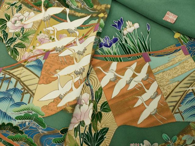 平和屋着物●豪華色留袖 作家物 駒刺繍 飛鶴風景花文 正絹 逸品 AABI5341ck