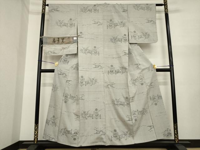 平和屋着物●小千谷紬 人物文 香素里 ログウッド 反端付き 正絹 逸品 未使用 AABI5354ck